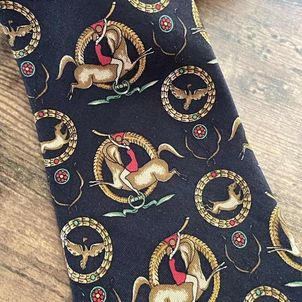Vintage Salvatore Ferragamo Silk Tie Navy Blue Tan Red Heraldic Hunt Equestrian